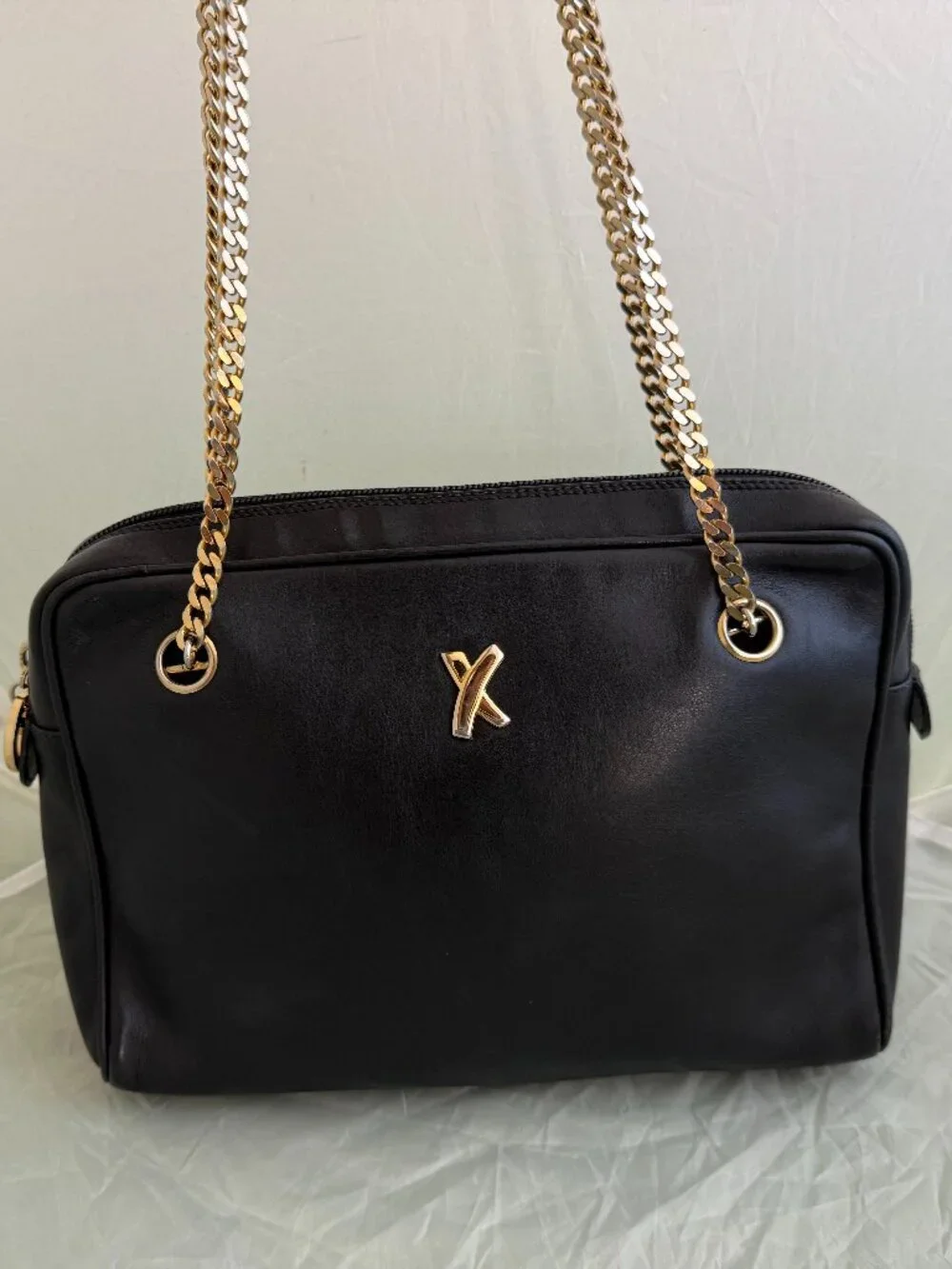By Paloma Picasso Black Leather Chain Shoulder Bag Gold Hardware Vintage